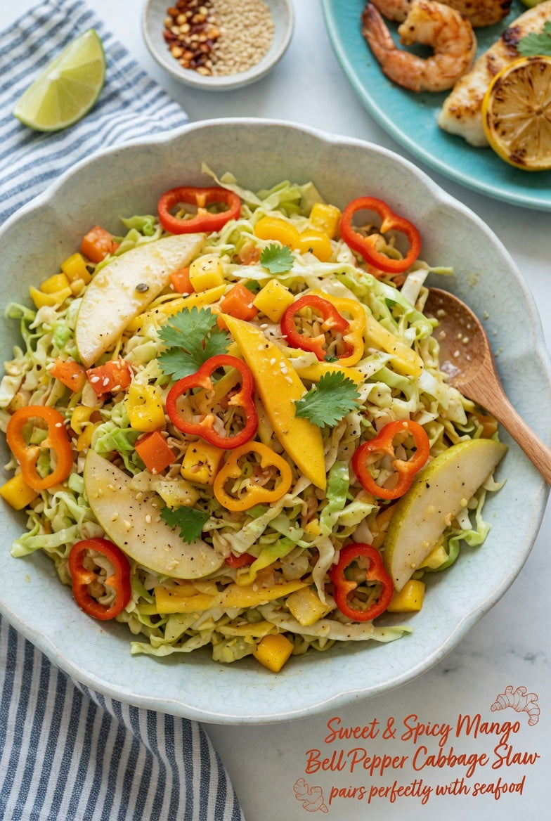 Sweet & Spicy Mango Bell Pepper Cabbage Slaw with Ginger-Soy Dressing