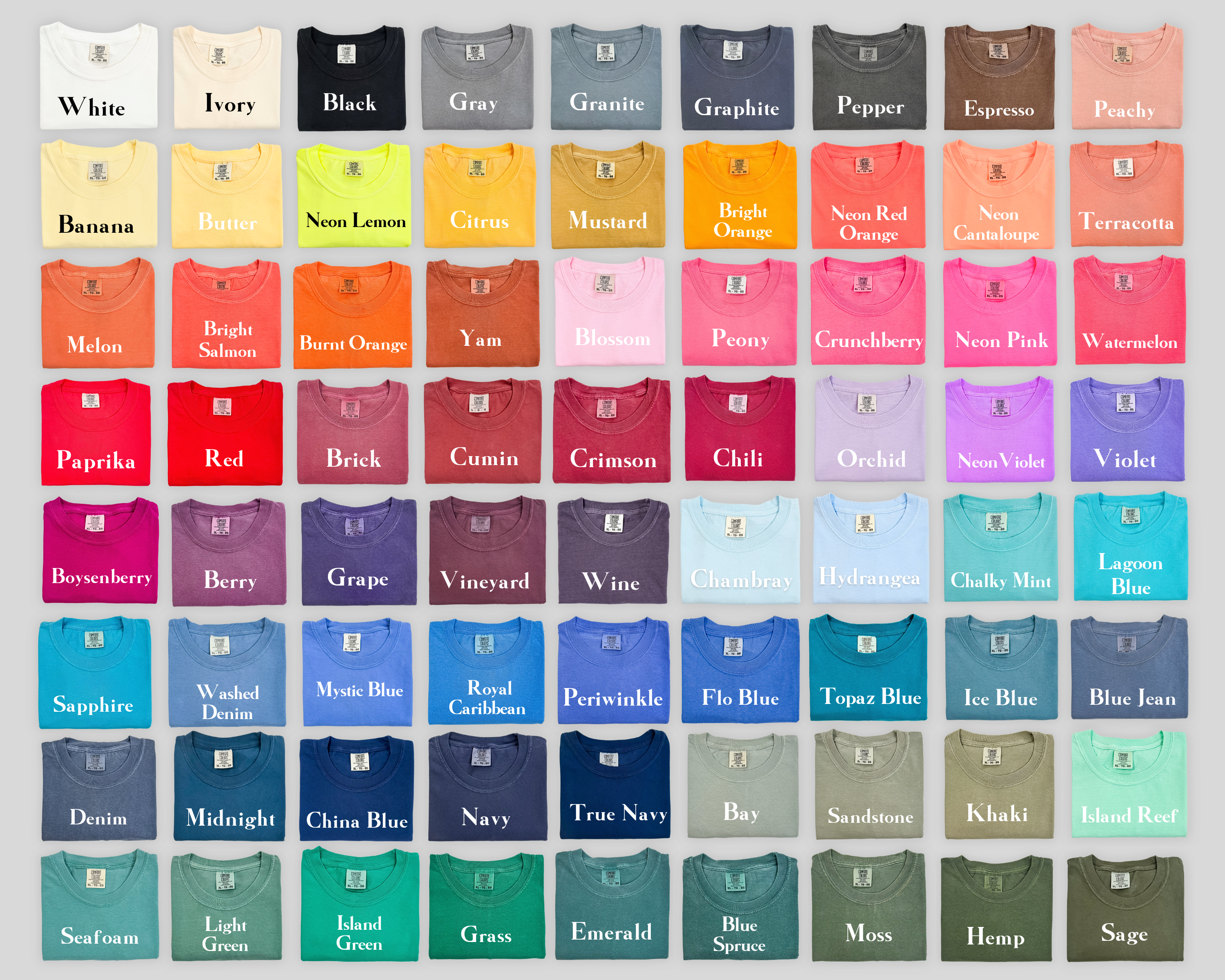 A grid of 60 Comfort Colors t-shirts in various colors, each labeled with its color name, including white, black, gray, blue, green, red, and yellow shades