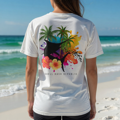 Shell Hash Republic Comfort Colors T-Shirt with Marlin Splash Tropical Back Print, featuring a swordfish splash collage, palm trees, and hibiscus flowers