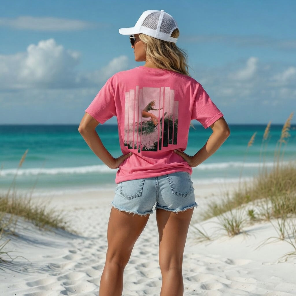 Shell Hash Republic Comfort Colors T-Shirt Pink Wave with a retro graphic of a surfer girl on a big wave
