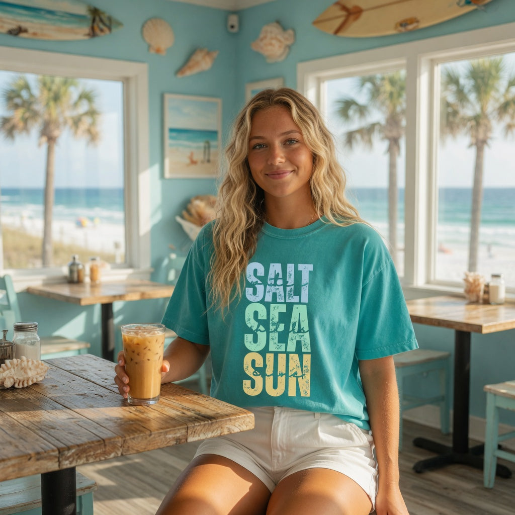 Woman in a cafe wearing a teal Salt Sea Sun t-shirt, holding an iced coffee, with a beach view outside