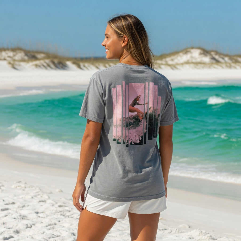 Shell Hash Republic Comfort Colors T-Shirt Pink Wave with a Surfer Girl on Big Wave retro graphic