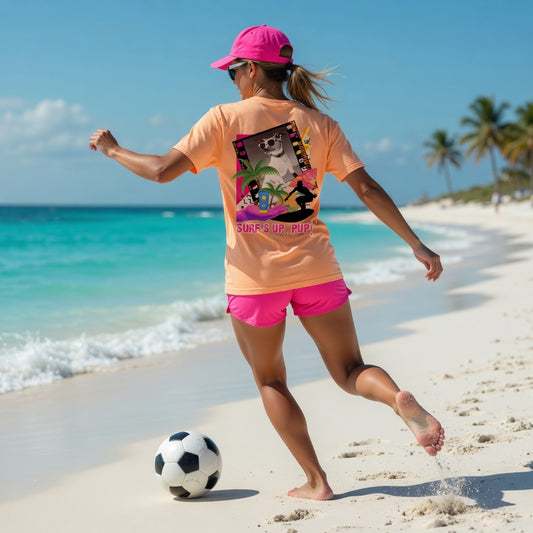 Woman in Shell Hash Republic Comfort Colors T-Shirt with Surfs Up Pup graphic playing soccer on a beach