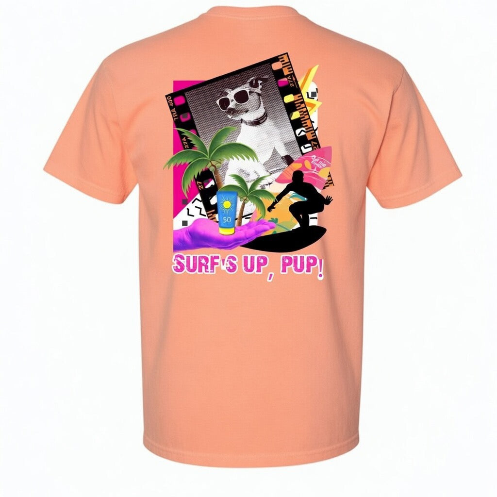Shell Hash Republic Comfort Colors T-Shirt with Surfs Up Pup graphic featuring a dog in sunglasses, surfer, palm trees, and sunscreen