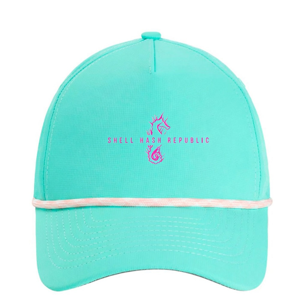 Shell Hash Republic Small Fit Women's Hat by Imperial, a teal hat with a pink seahorse logo and Shell Hash Republic text