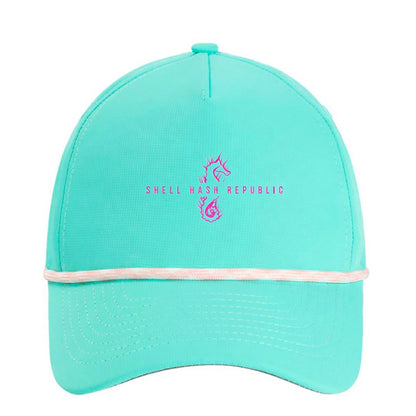 Shell Hash Republic Small Fit Women's Hat by Imperial, a teal hat with a pink seahorse logo and Shell Hash Republic text