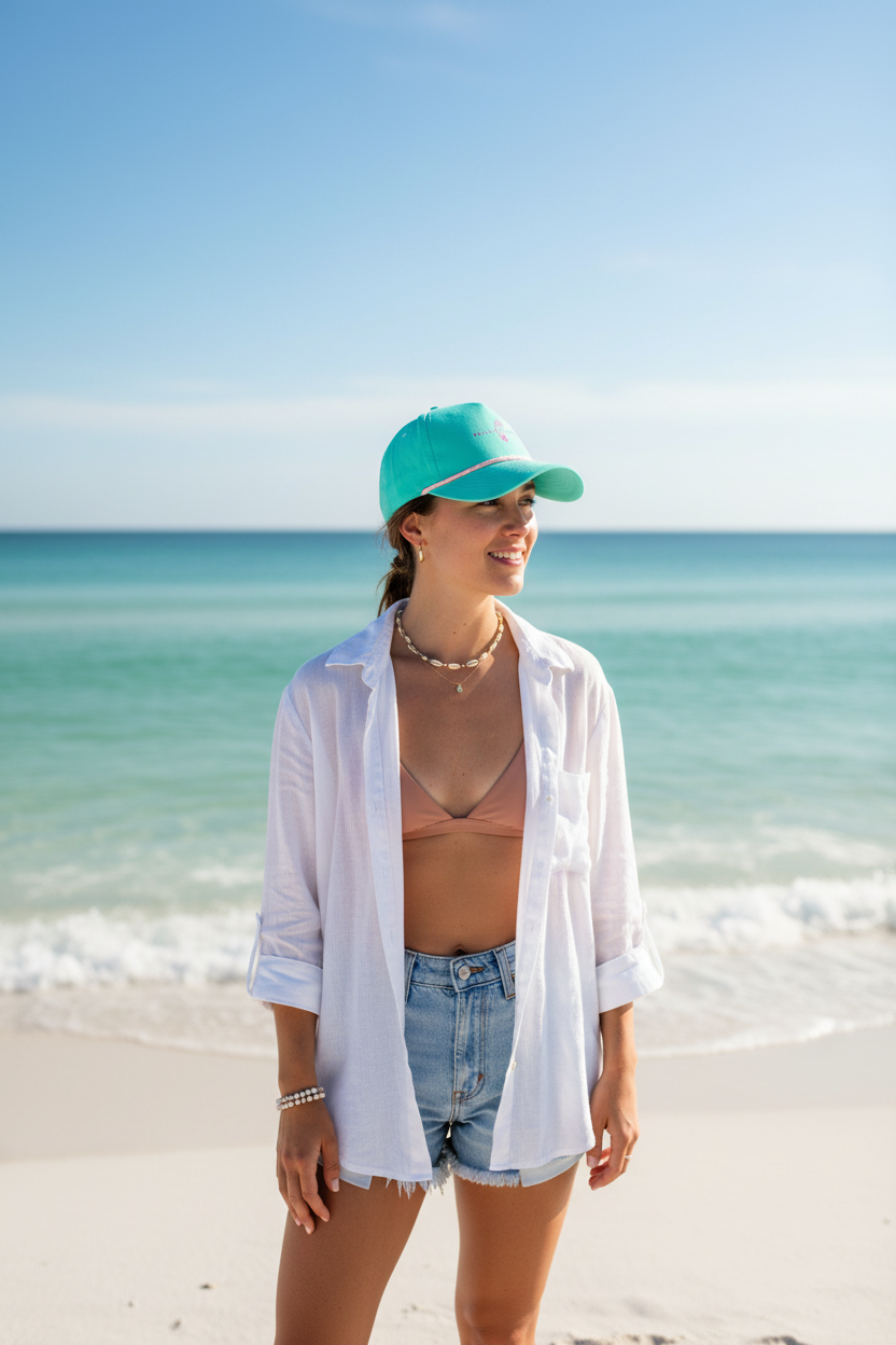 Woman on a beach wearing a Shell Hash Republic Small Fit Women's Hat by Imperial, a white button-up shirt, a bikini top, and denim shorts
