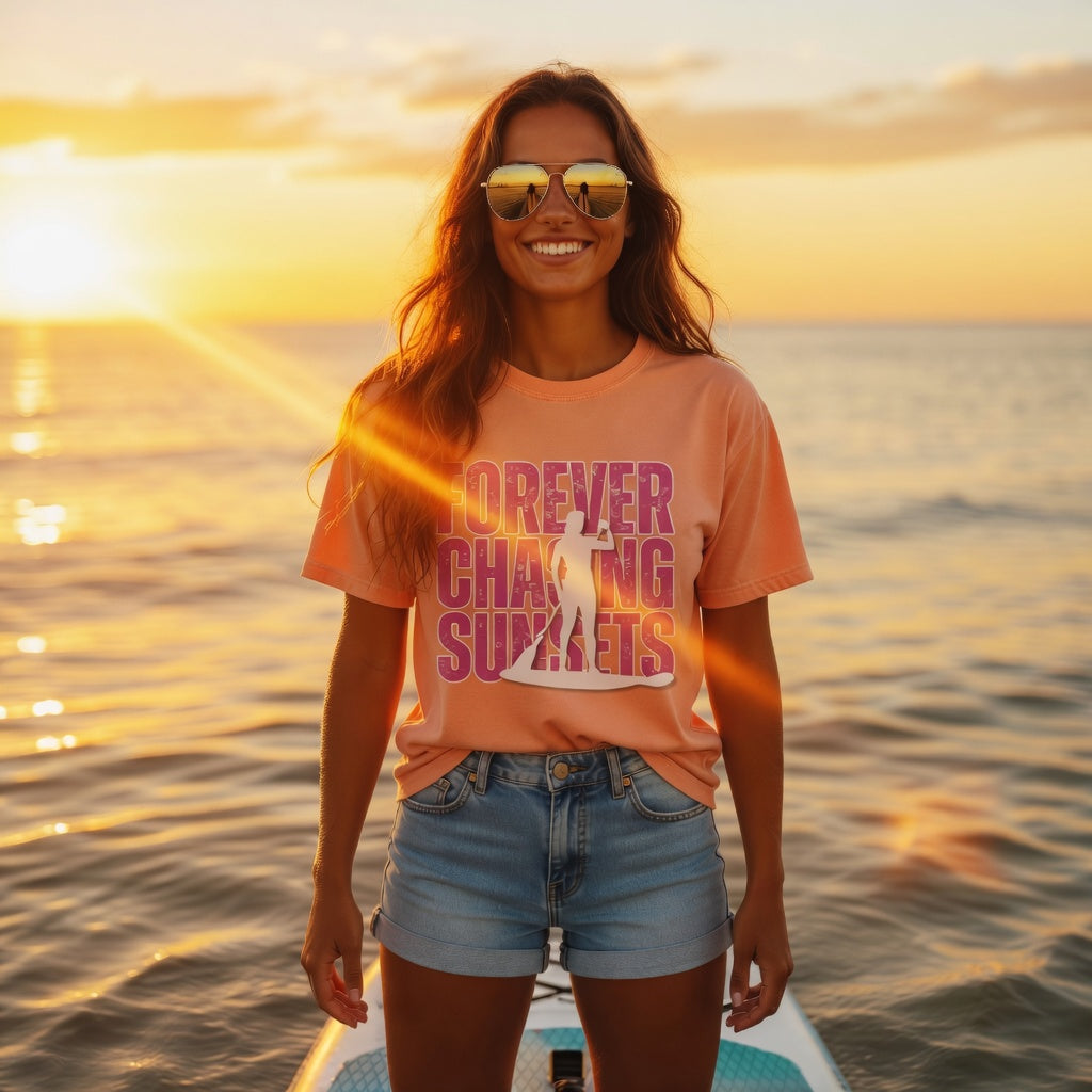 Shell Hash Republic Neon Comfort Colors T-Shirt with Forever Chasing Sunsets graphic, worn by a woman on a paddleboard at sunset