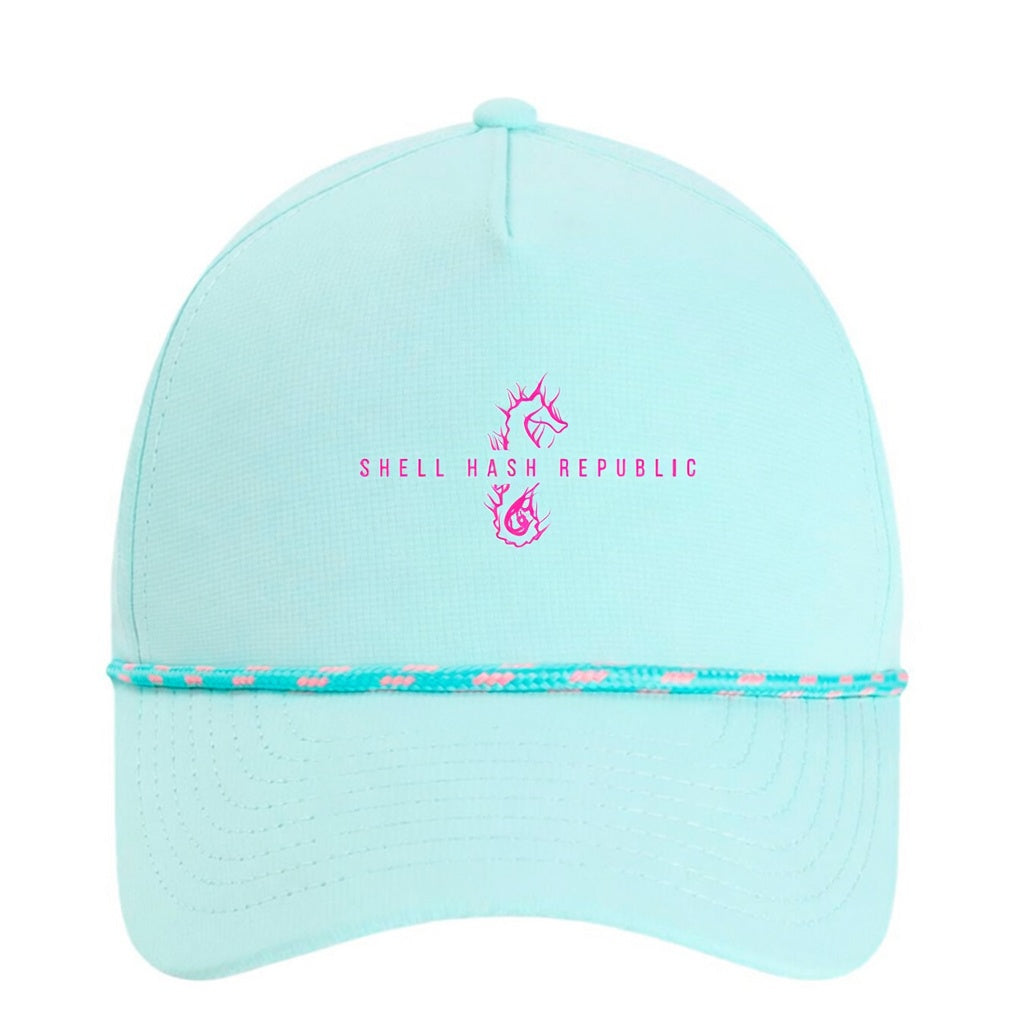 Shell Hash Republic Small Fit Women's Hat by Imperial, light blue with pink seahorse logo and text