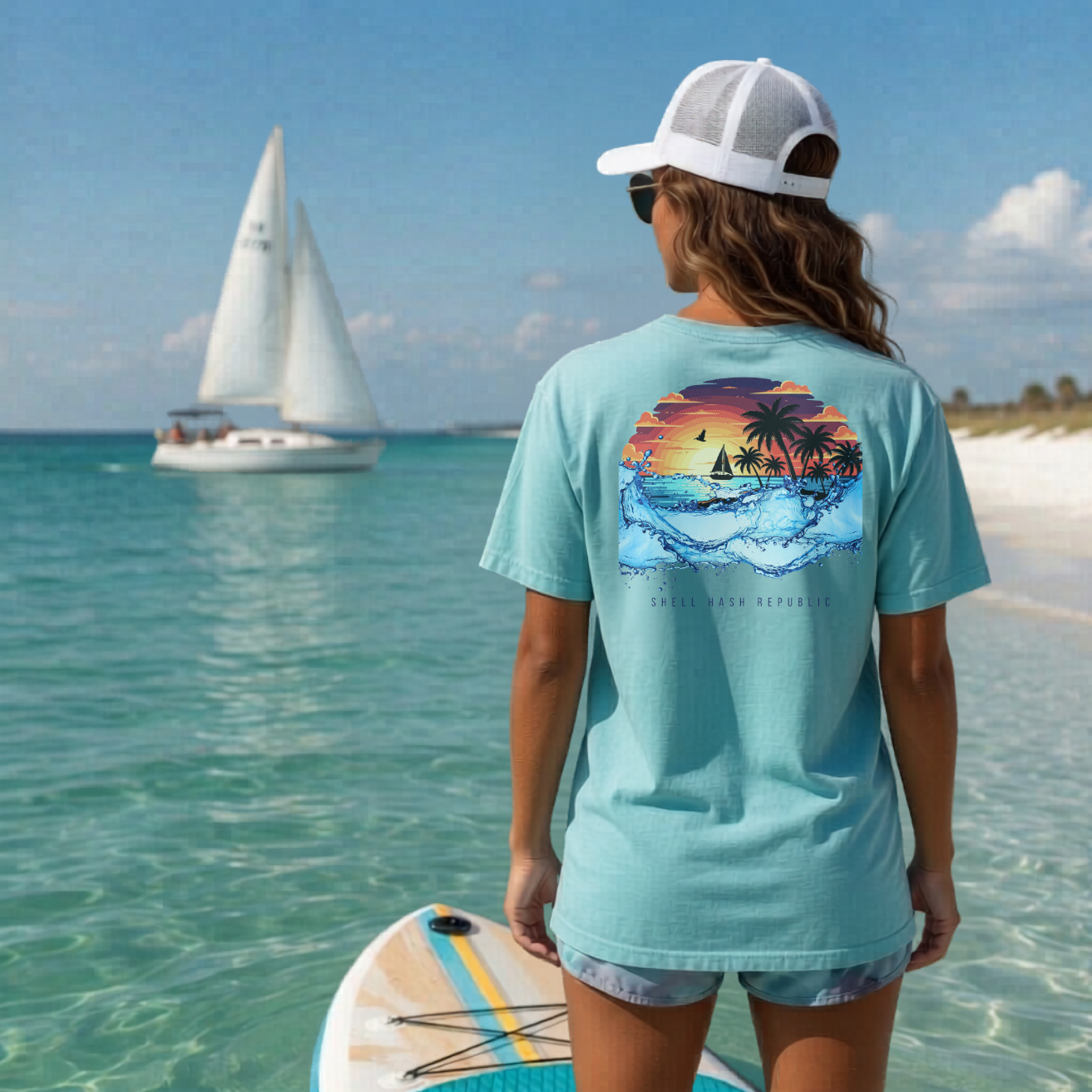 Woman in Shell Hash Republic Comfort Colors Lagoon Blue T-Shirt with Sunset Sail graphic, standing by water with a sailboat and paddleboard
