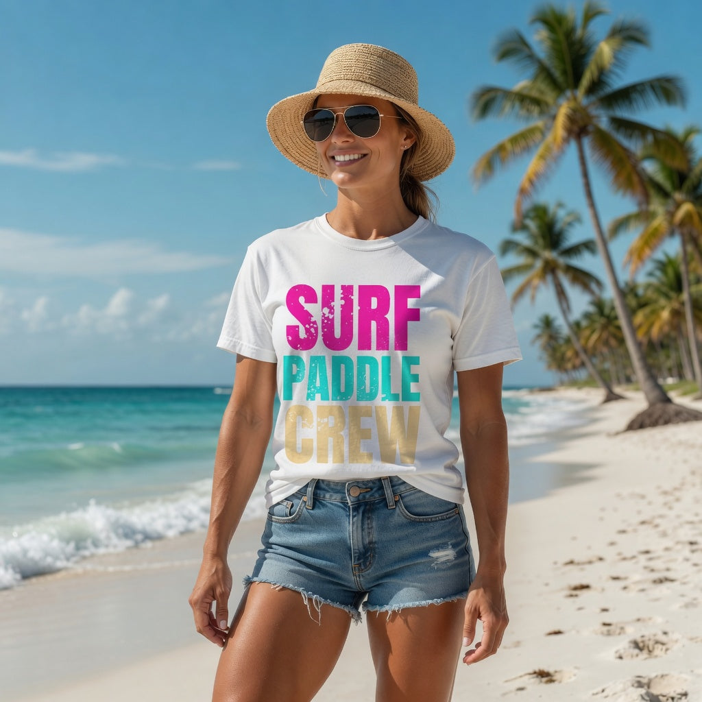 Shell Hash Republic Comfort Colors Neon T-Shirt with Surf Paddle Crew graphic, worn by a woman on a beach