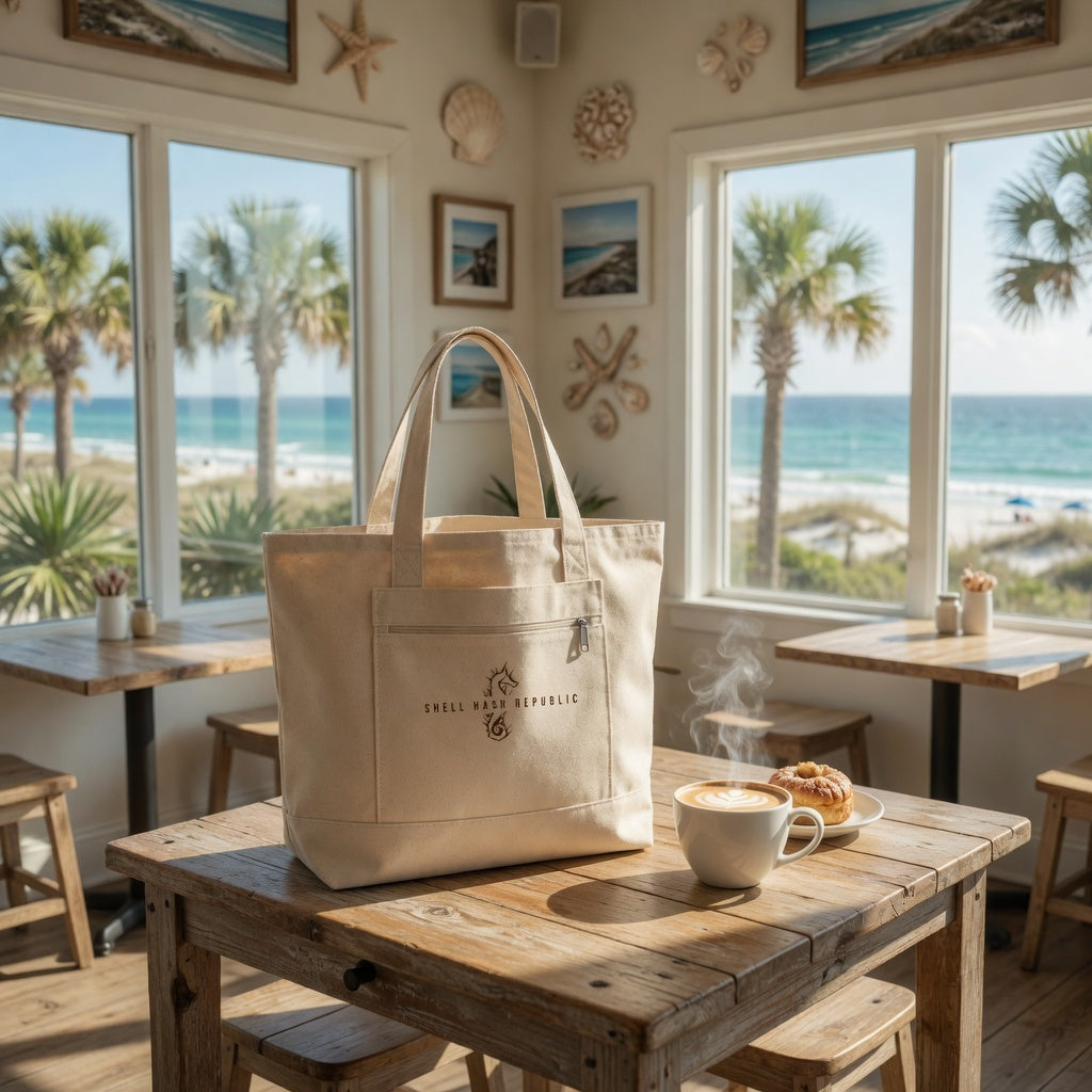 Natural Canvas Tote by Shell Hash Republic on a wooden table with a coffee and pastry, overlooking a beach with palm trees and ocean