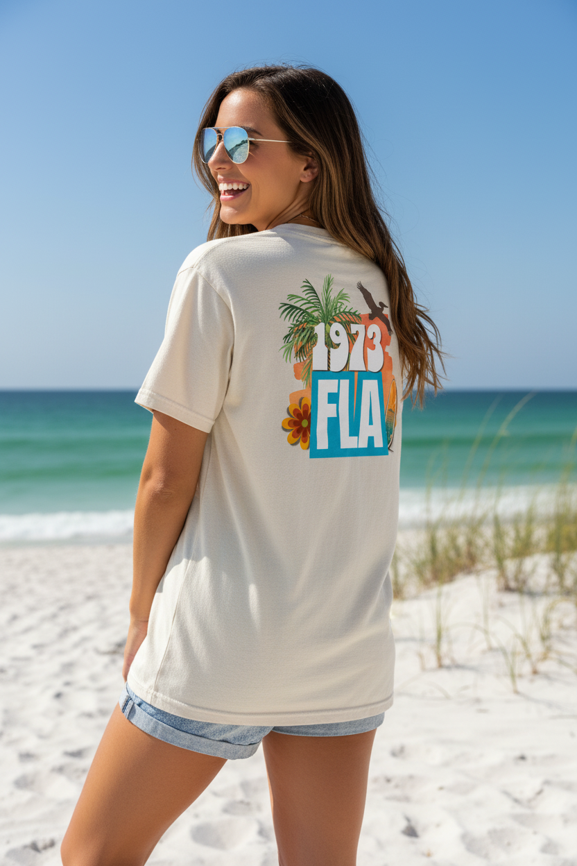 Shell Hash Republic Ivory Comfort Colors T-Shirt with 1973 Surf retro graphic on a woman at the beach