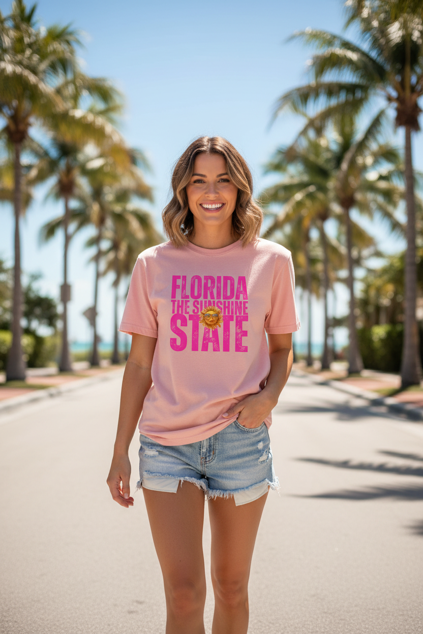 Shell Hash Republic Comfort Colors Peachy T-Shirt with Florida The Sunshine State graphic, worn by a woman on a palm-lined street