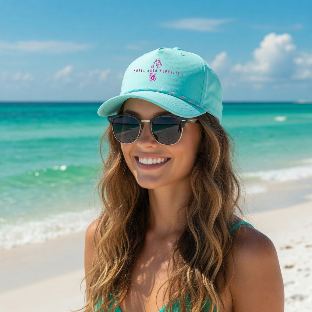 Load video: Detailed product demonstration of the Shell Hash Republic cap. This premium lavender-colored baseball hat displays a bright pink embroidered logo featuring a stylized seahorse and the brand name 'SHELL HASH REPUBLIC'. The video showcases the hat’s comfortable fit, structured design, curved brim with decorative purple-green-pink rope, and high-quality stitching.