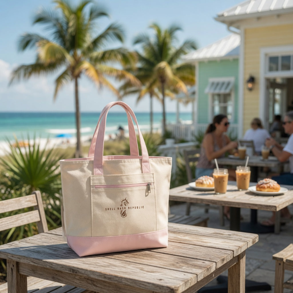 Natural - Pink Canvas Tote by Shell Hash Republic on a wooden table with a beach and restaurant in the background