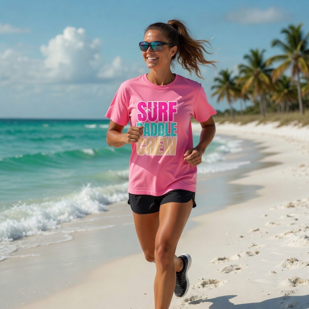 Shell Hash Republic Comfort Colors Neon T-Shirt, Surf Paddle Crew retro graphic tee, worn by a woman running on a beach