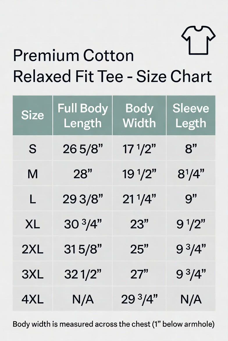 Premium Cotton Relaxed Fit Tee size chart with measurements for full body length, body width, and sleeve length for sizes S to 4XL