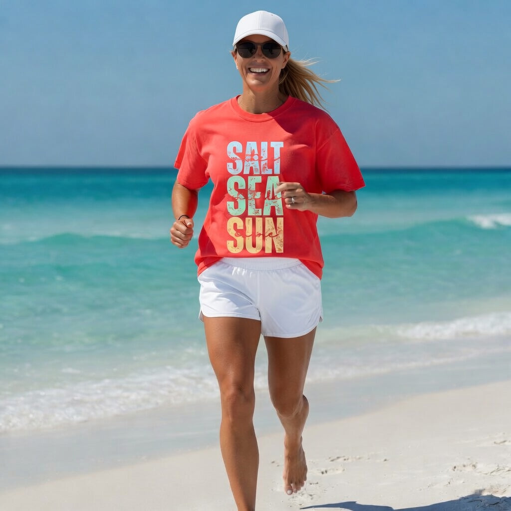 Woman running barefoot on a white sand beach, wearing a Shell Hash Republic Neon Comfort Colors T-Shirt with Salt Sea Sun graphic, white shorts, white cap, and sunglasses
