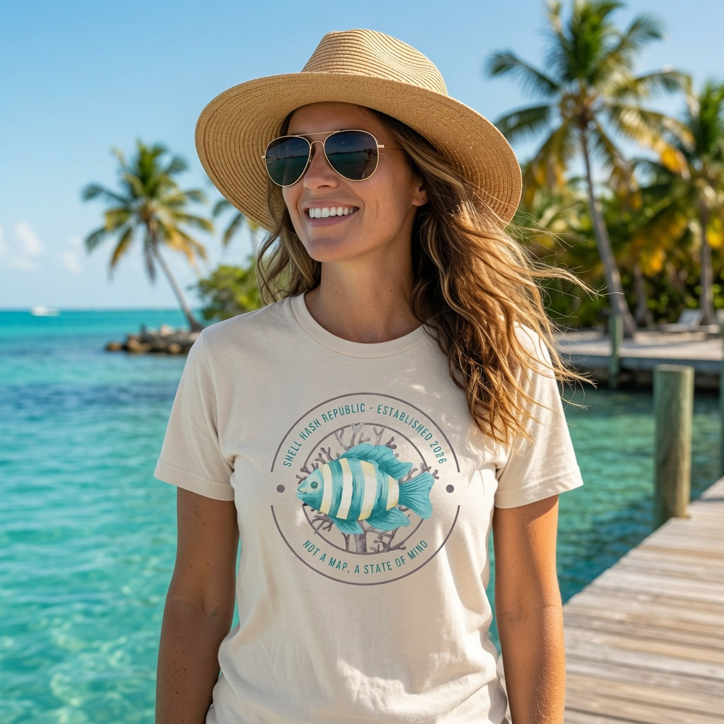 Woman wearing Shell Hash Republic Comfort Colors Ivory T-Shirt with striped reef fish graphic, standing on a dock by turquoise water and palm trees